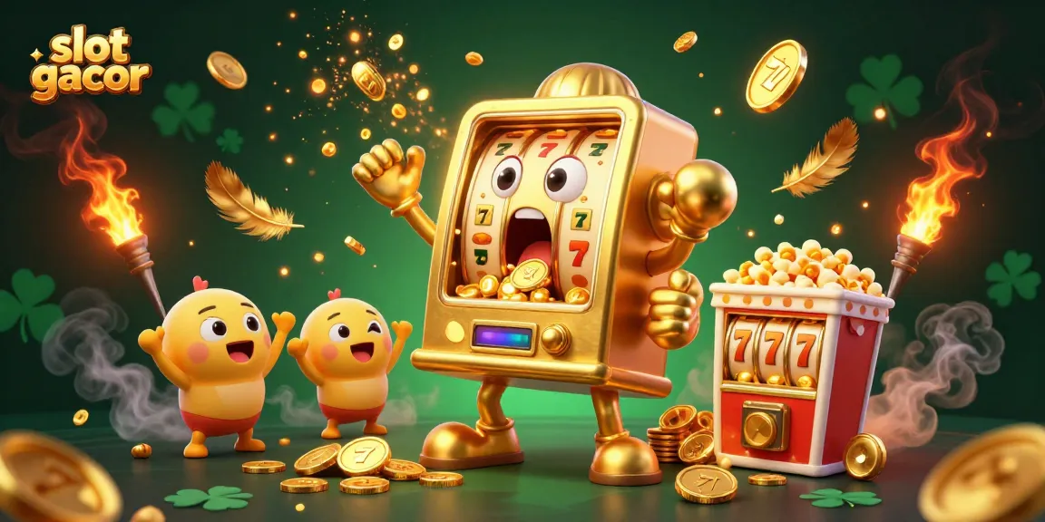 Slot gacor menunjukkan mesin slot emas mengeluarkan koin sambil merayakan kemenangan dengan mesin slot bayi.