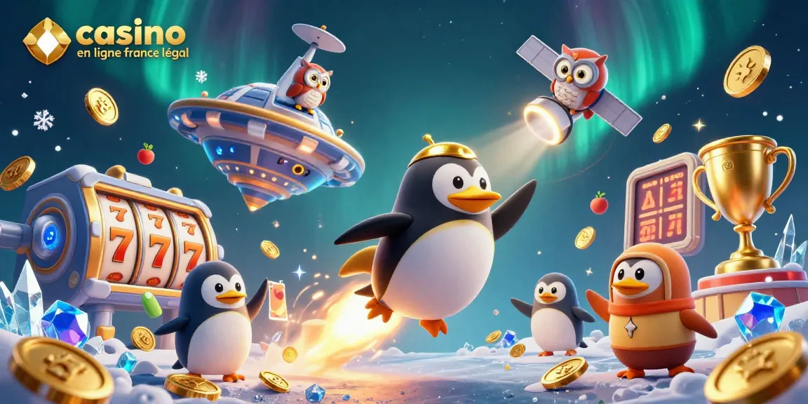 Illustration dynamique d'un casino en ligne légal en France, avec des éléments de machines à sous et un pingouin doré.