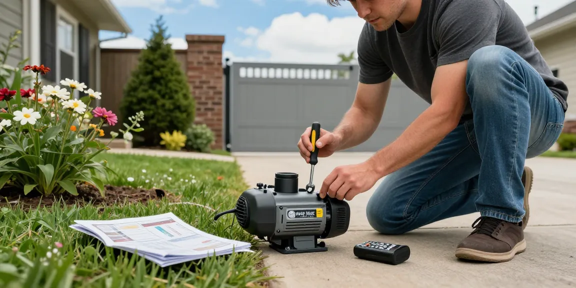 Mighty Mule gate opener troubleshooting at a residential driveway with a homeowner fixing the motor and checking the remote.