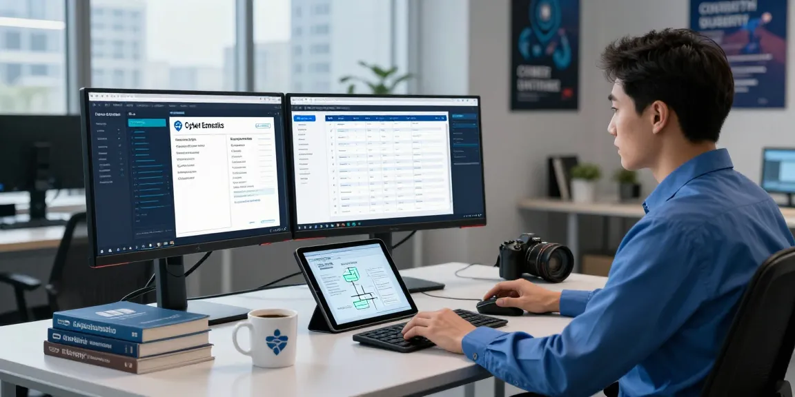 Cyber Essentials certification workspace showcasing a cybersecurity analyst managing compliance with multiple screens and technical controls.