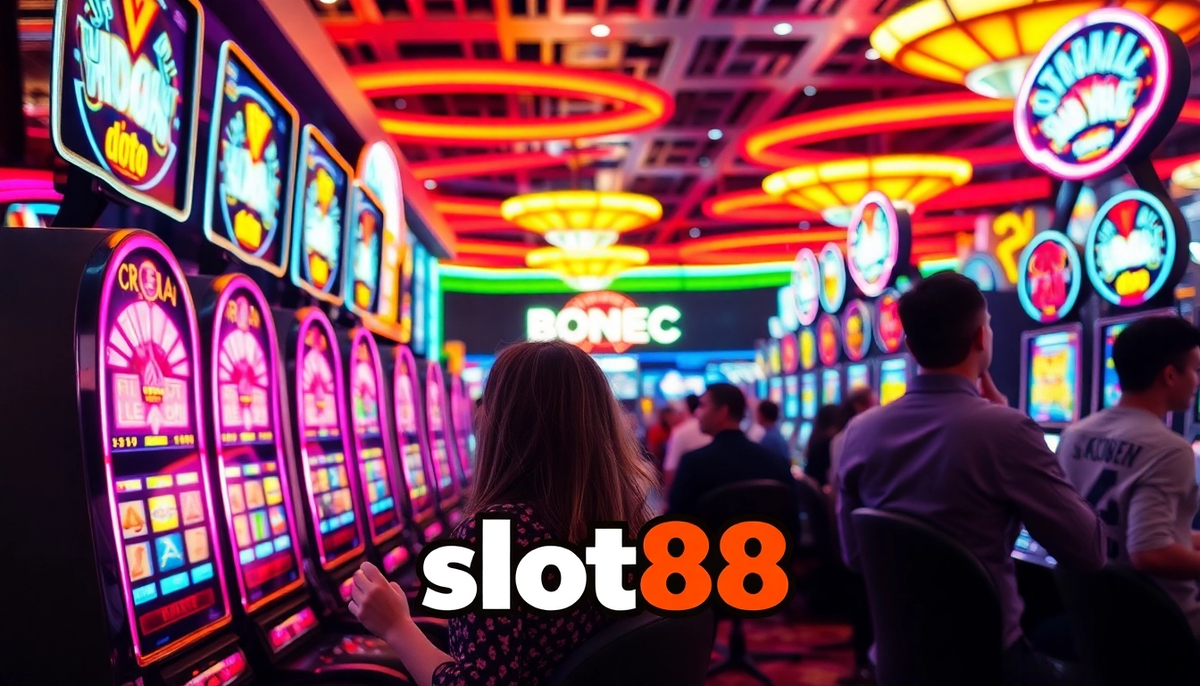 Mainkan slot88 dengan suasana kasino yang menggelegar dan warna-warna cerah.