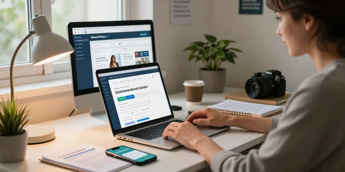 Job seeker in a modern home office focusing on openai jobs with organized workspace elements.
