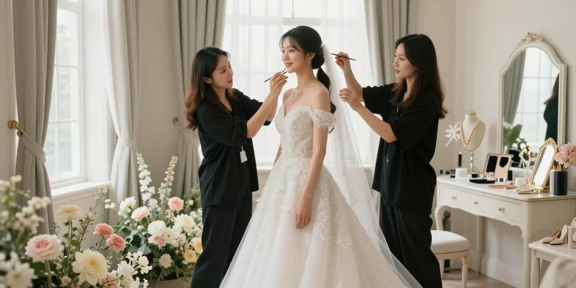 Bridal styling con esperti che aiutano la sposa a prepararsi nel suo splendido allestimento.