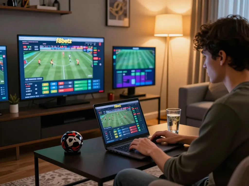 Betting on live sports events at f8betz with multiple screens showing odds and thrilling matches