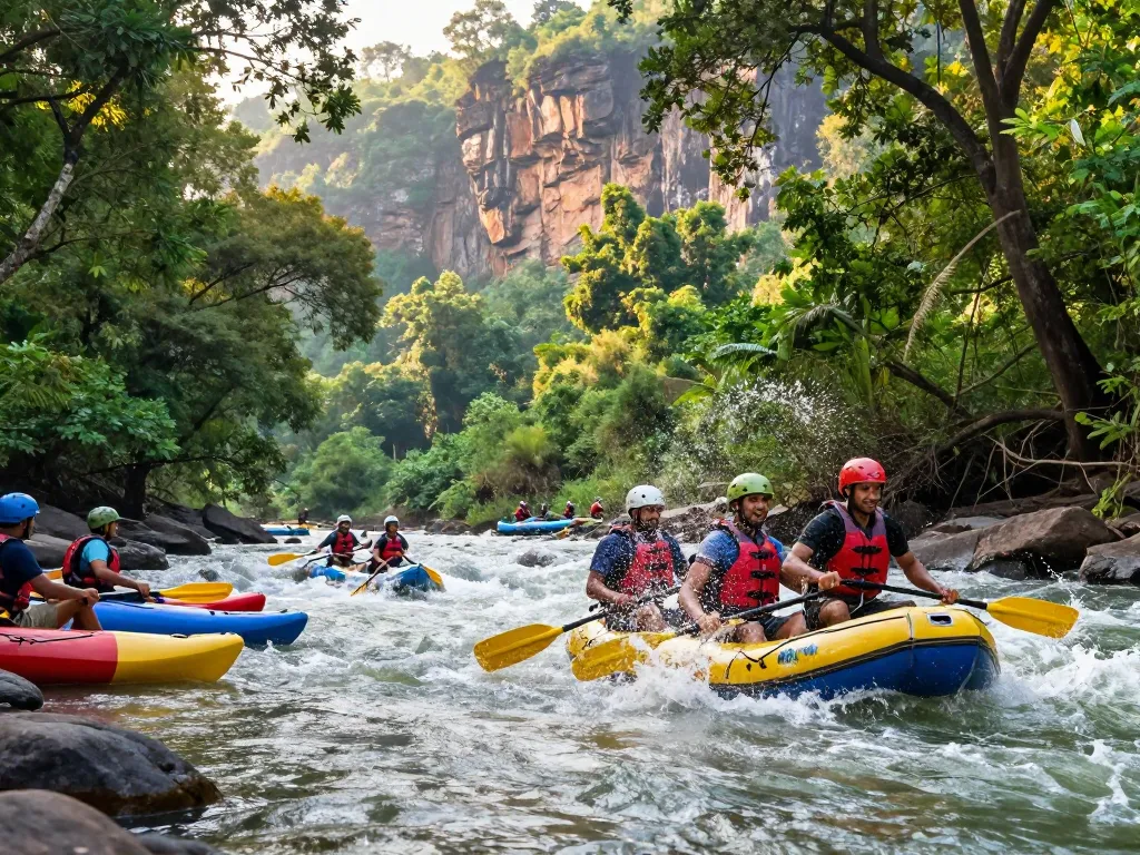 Dandeli adventure seekers enjoying thrilling white-water rafting on the Kali River amidst lush greenery and vibrant nature.