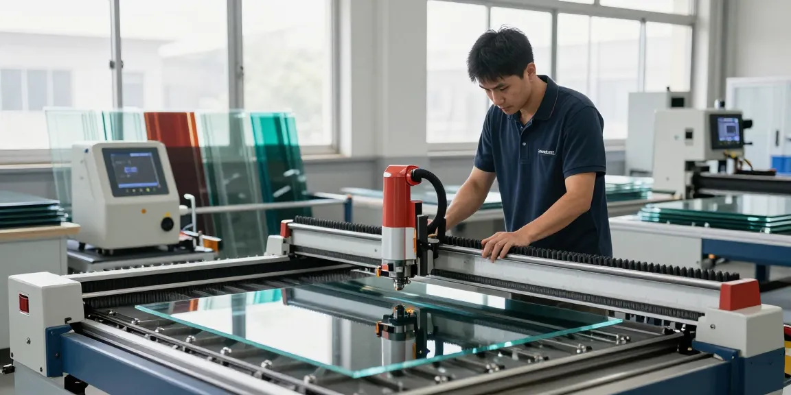 Glass cutting table in action with technician cutting precision glass sheets in a bright workshop.