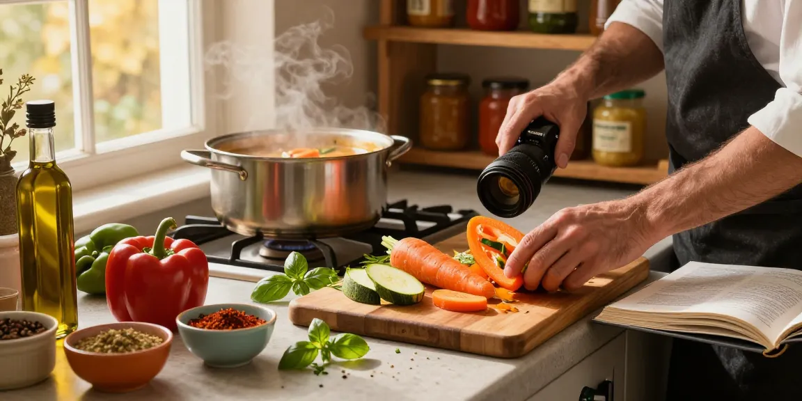 Delikate Zubereitung einer vegetarischen Suppe mit frischen Zutaten und warmer Küchenatmosphäre.