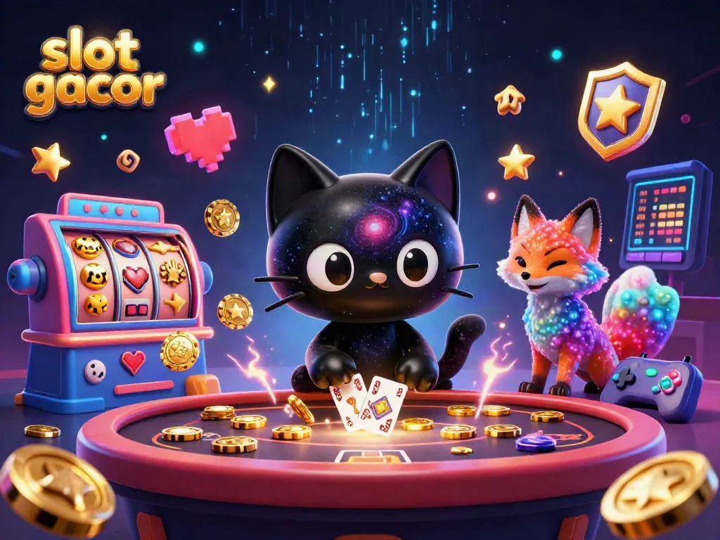 Game slot gacor dengan karakter lucu yang menarik chip emas dan kartu.