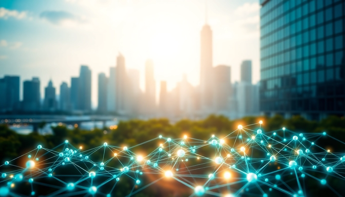 Visualizing EORMC blockchain development with futuristic city and glowing network connections.
