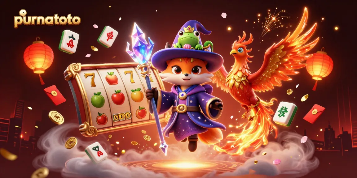 Purnatoto menghadirkan suasana slot online dengan penyihir, phoenix, dan simbol keberuntungan.