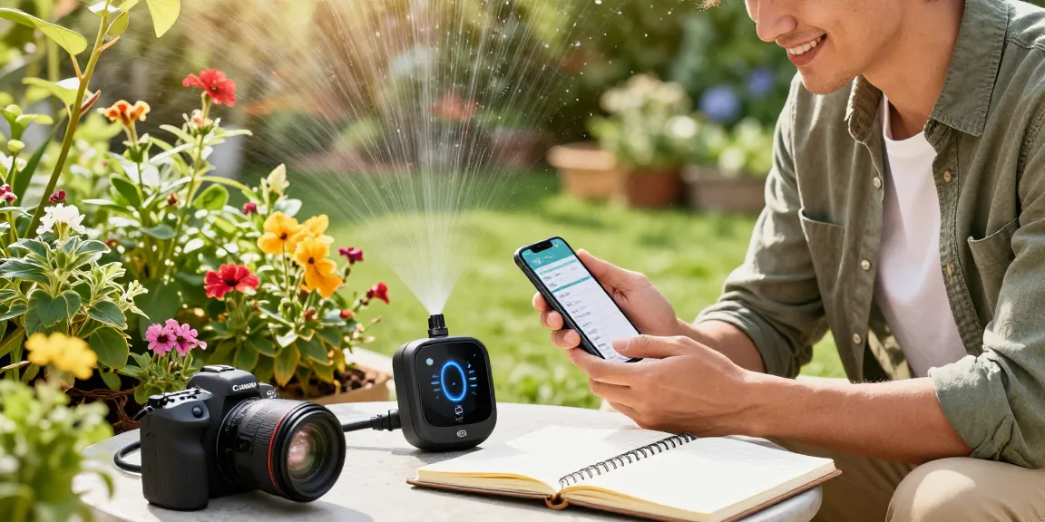 Homeowner setting up a RainPoint WiFi water timer in a sunny garden, showcasing smart irrigation.
