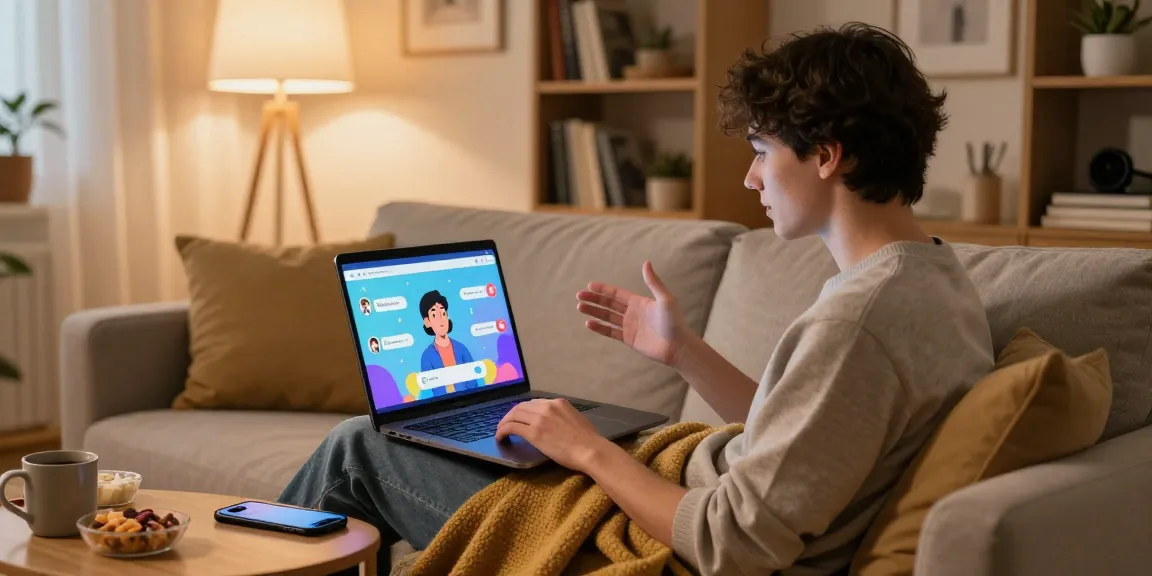 Engaging in an NSFW AI chat on a laptop in a cozy living room.