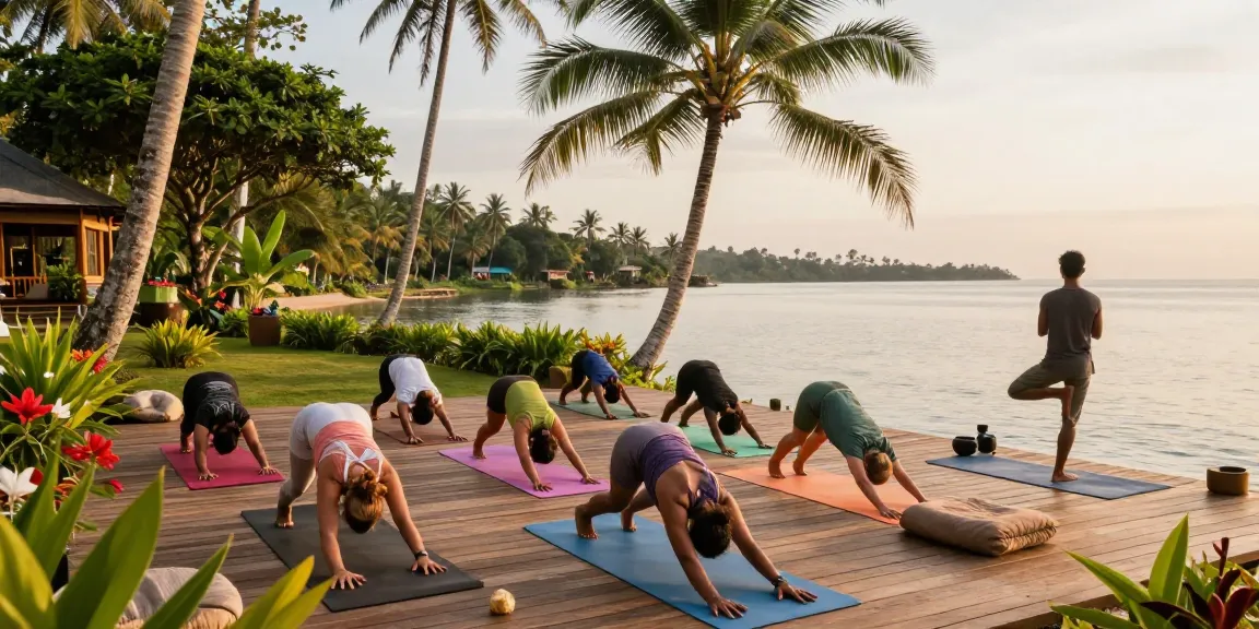 Yoga retreat Koggala scene with diverse participants practicing yoga on a lakeside deck amidst lush greenery.