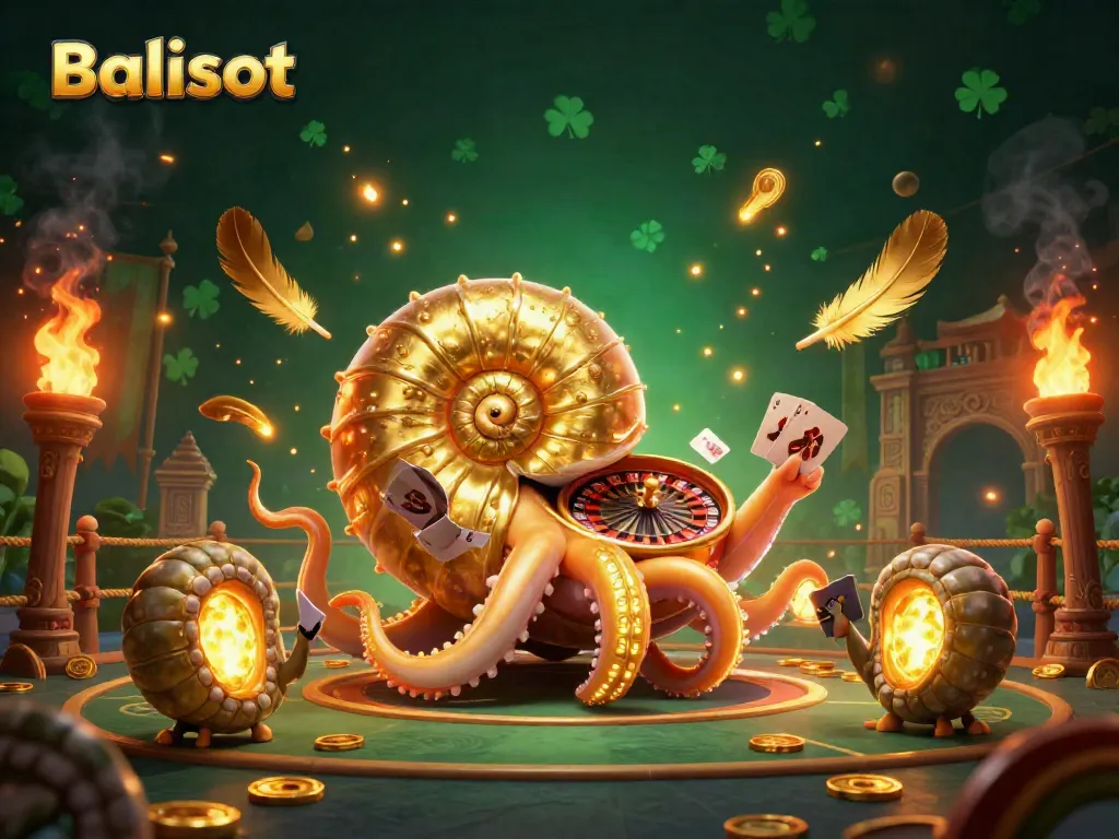 Balislot features a giant nautilus roulette wheel amidst glowing ammonite fossils, dynamic casino energy.