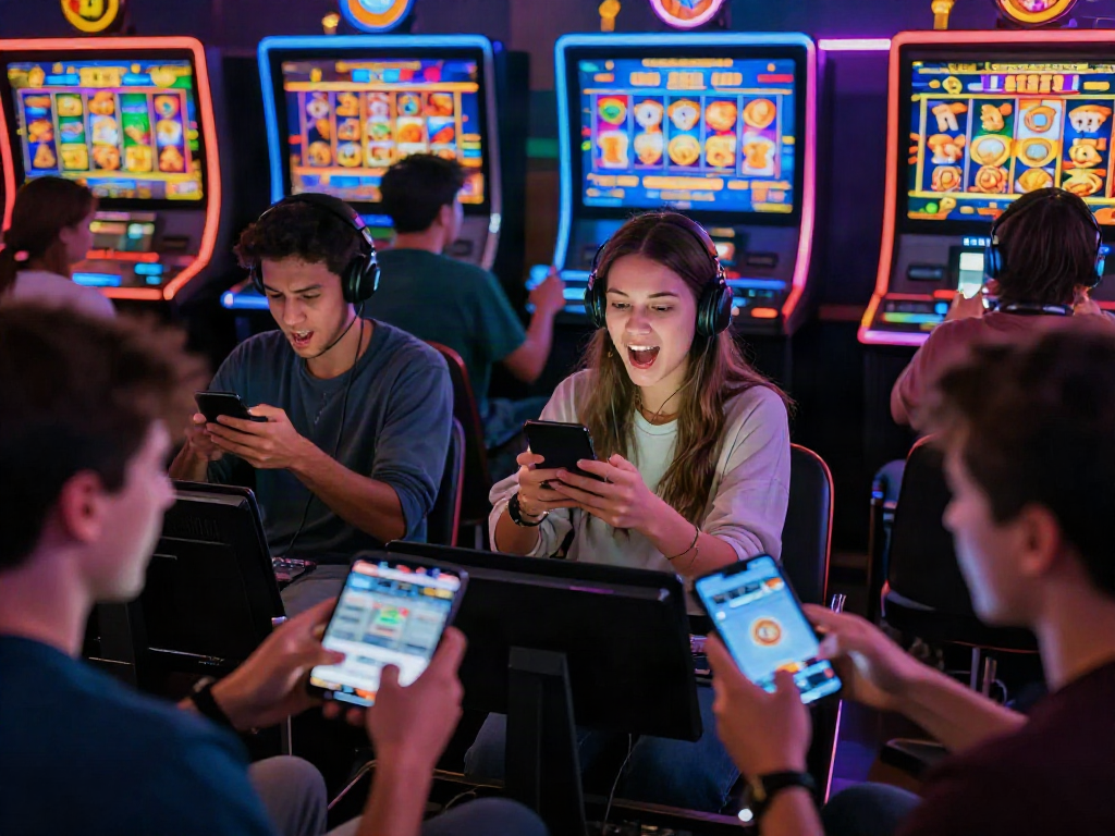 Exciting online slot gaming scene showing diverse players immersed in mobile games.