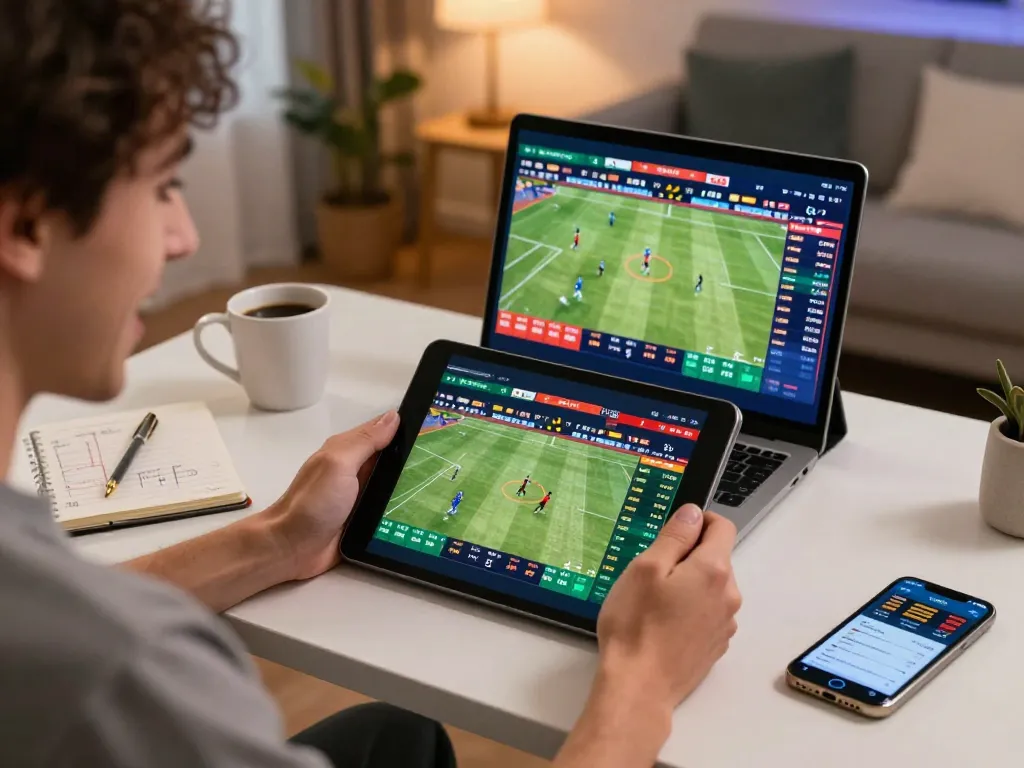 Ligalexus sports betting action with a user engaged on a tablet, betting odds visible in a cozy home setting.