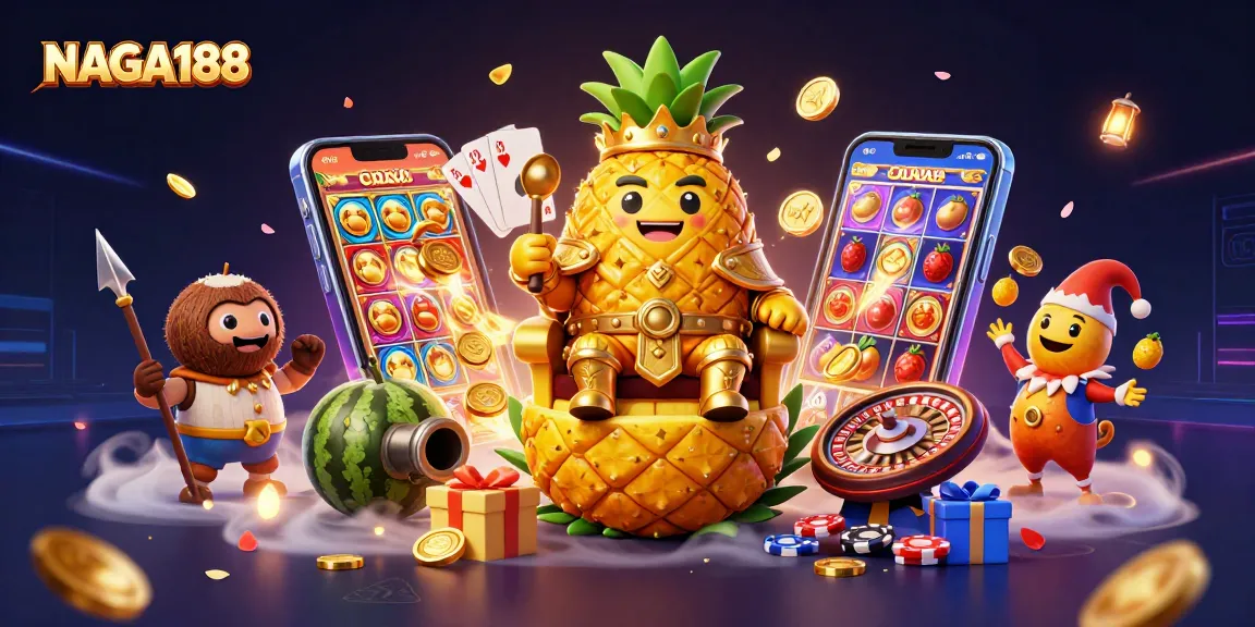 NAGA188 menawarkan pengalaman judi interaktif dengan pemandangan kasino, slot, dan karakter berwarna-warni.