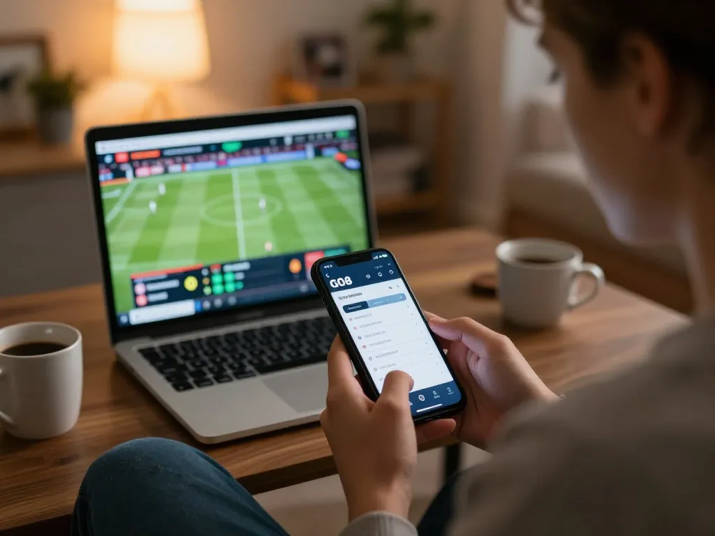 Engaging sports betting scene on the GO8 app in a cozy living room.