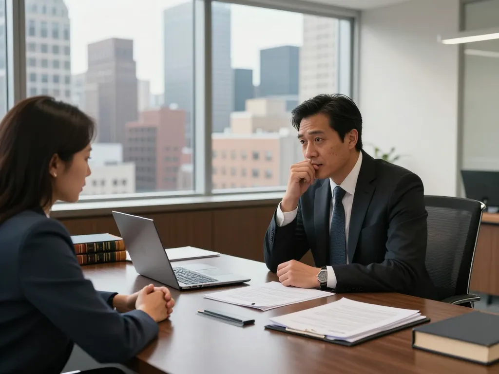 New York City Personal Injury Lawyer consulting with a client in modern office, showcasing trust and professionalism.