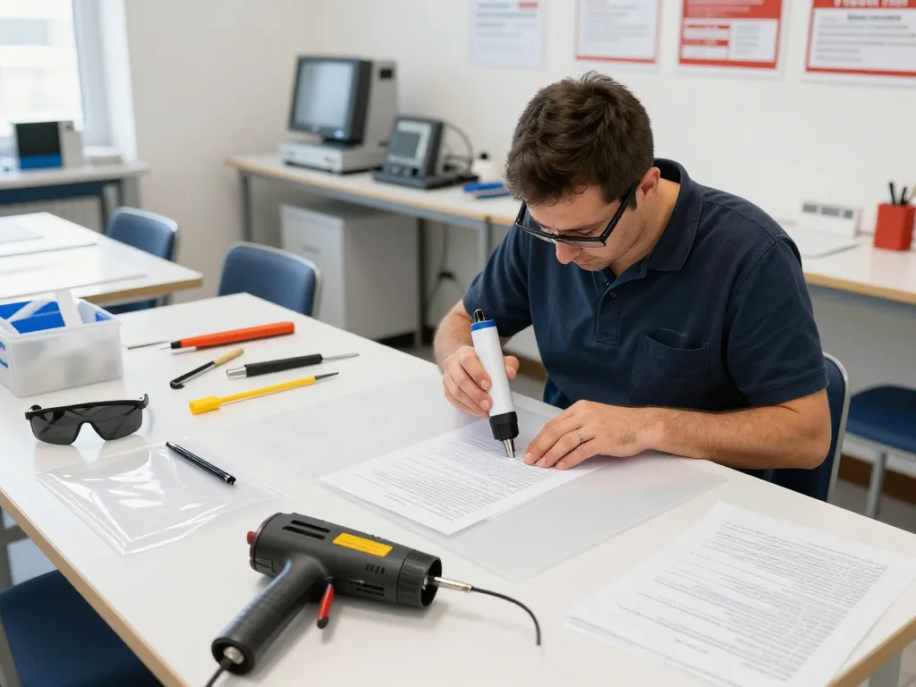 Expert hướng dẫn bóc ép plastic in a restoration workshop showing document care.