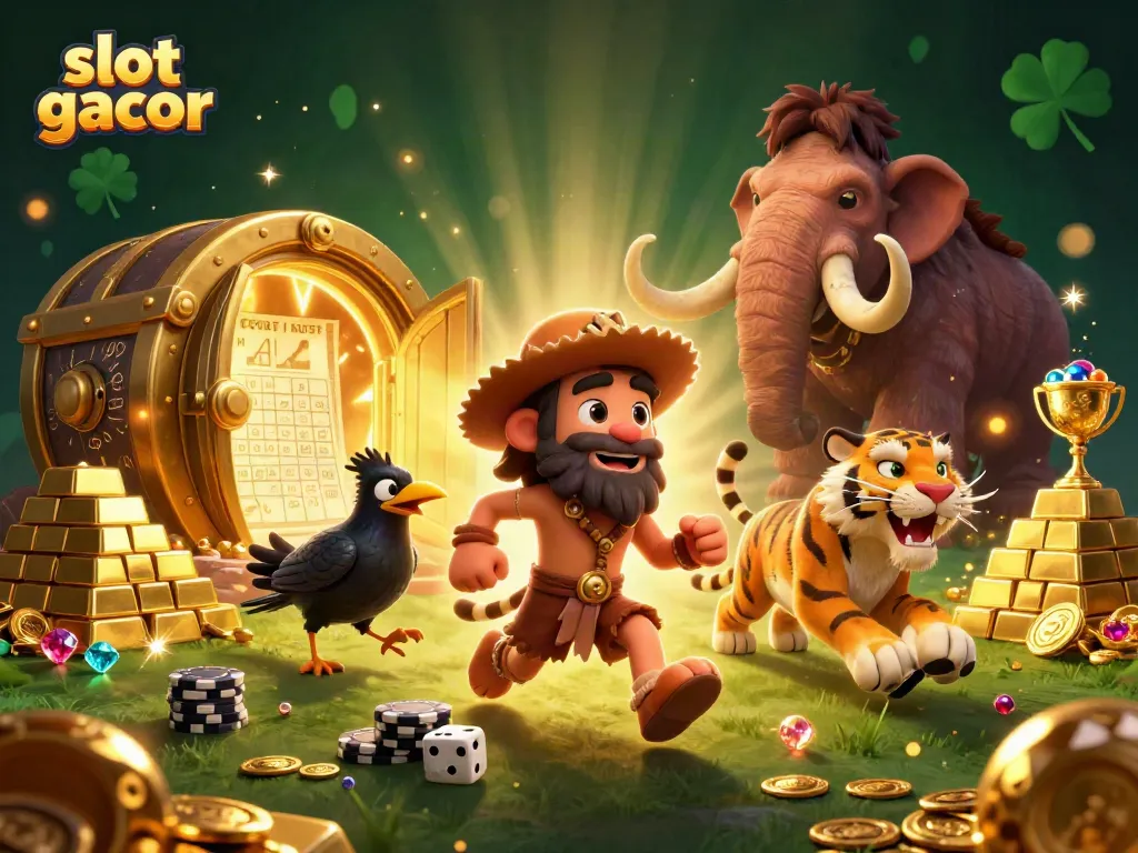 Experience the excitement of slot gacor with a prehistoric casino scene featuring a caveman, saber-tooth tiger, and treasures.