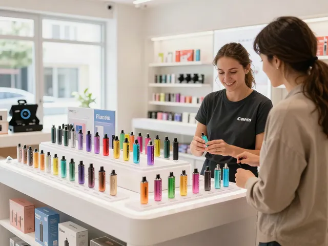 Flum vapes wholesale selection in a modern retail store.