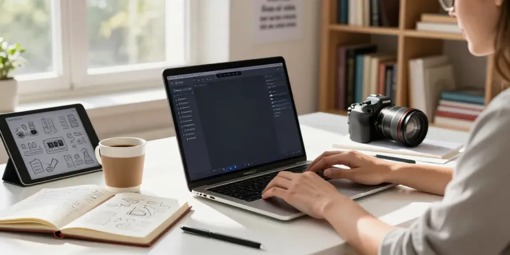 Creating engaging content using an AI writing tool in a modern workspace.