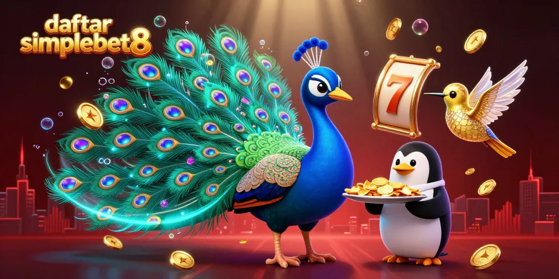 Engage with daftar simplebet8 showcasing vibrant slots, a peacock, penguin butler, and golden coins.