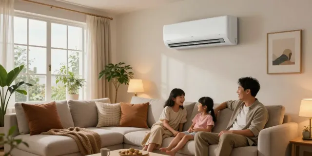 Family enjoying a cozy movie night with a mini split 12000 BTU air conditioner in a stylish living room.