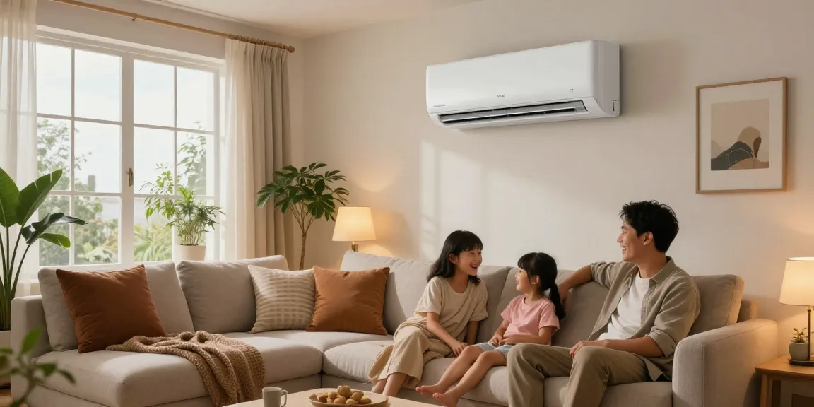 Family enjoying a cozy movie night with a mini split 12000 BTU air conditioner in a stylish living room.