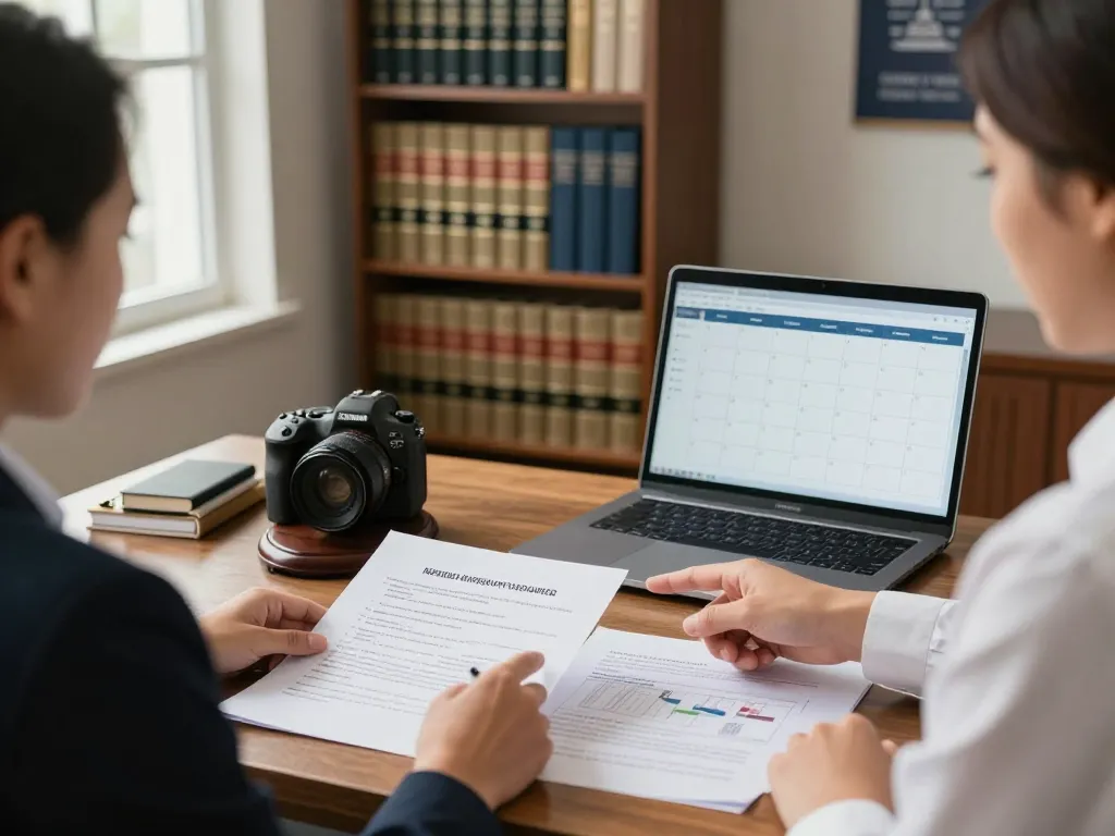 Alexandria Personal Injury Lawyer discussing case details with a client in a warm law office.