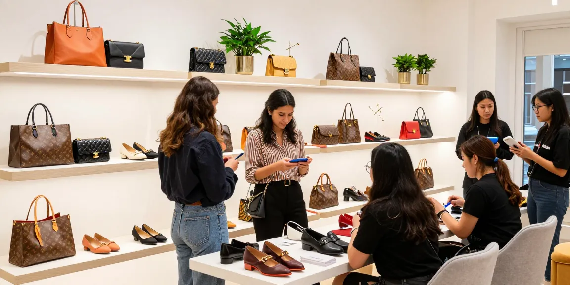 Stylish customer exploring high-quality 레플리카 fashion items in a modern boutique, vibrant colors and elegant decor.