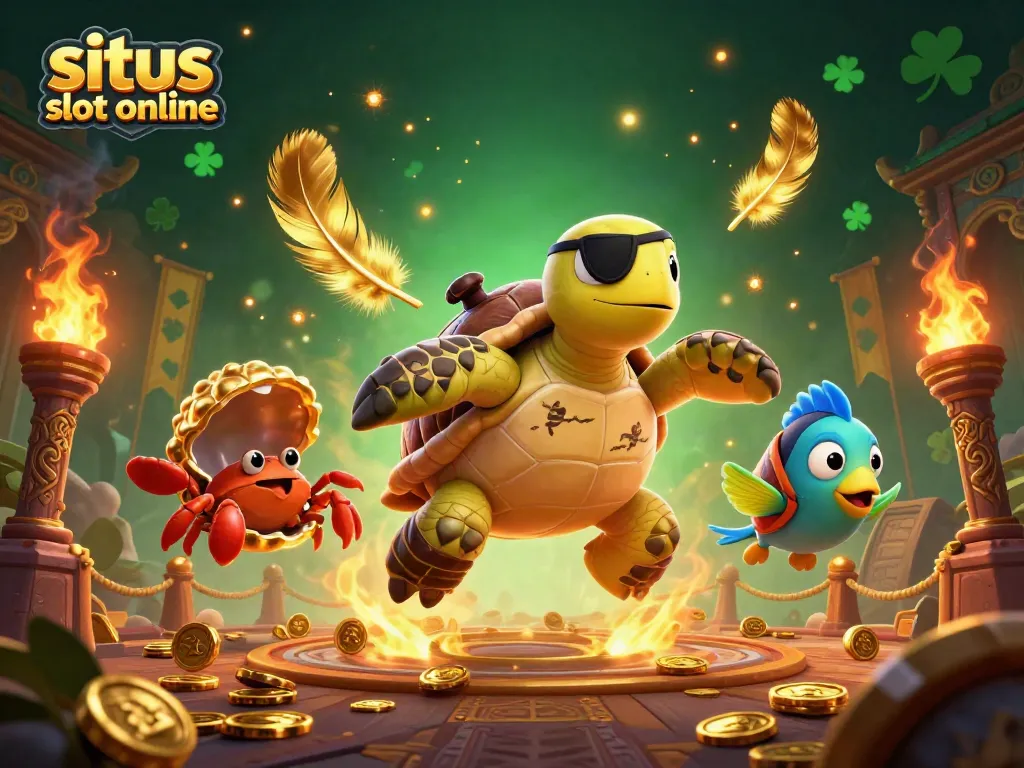 Permainan situs slot online dengan karakter unik dan koin emas bertebaran untuk menarik pemain.