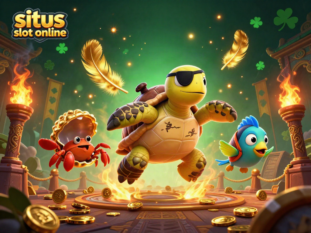 Permainan situs slot online dengan karakter unik dan koin emas bertebaran untuk menarik pemain.