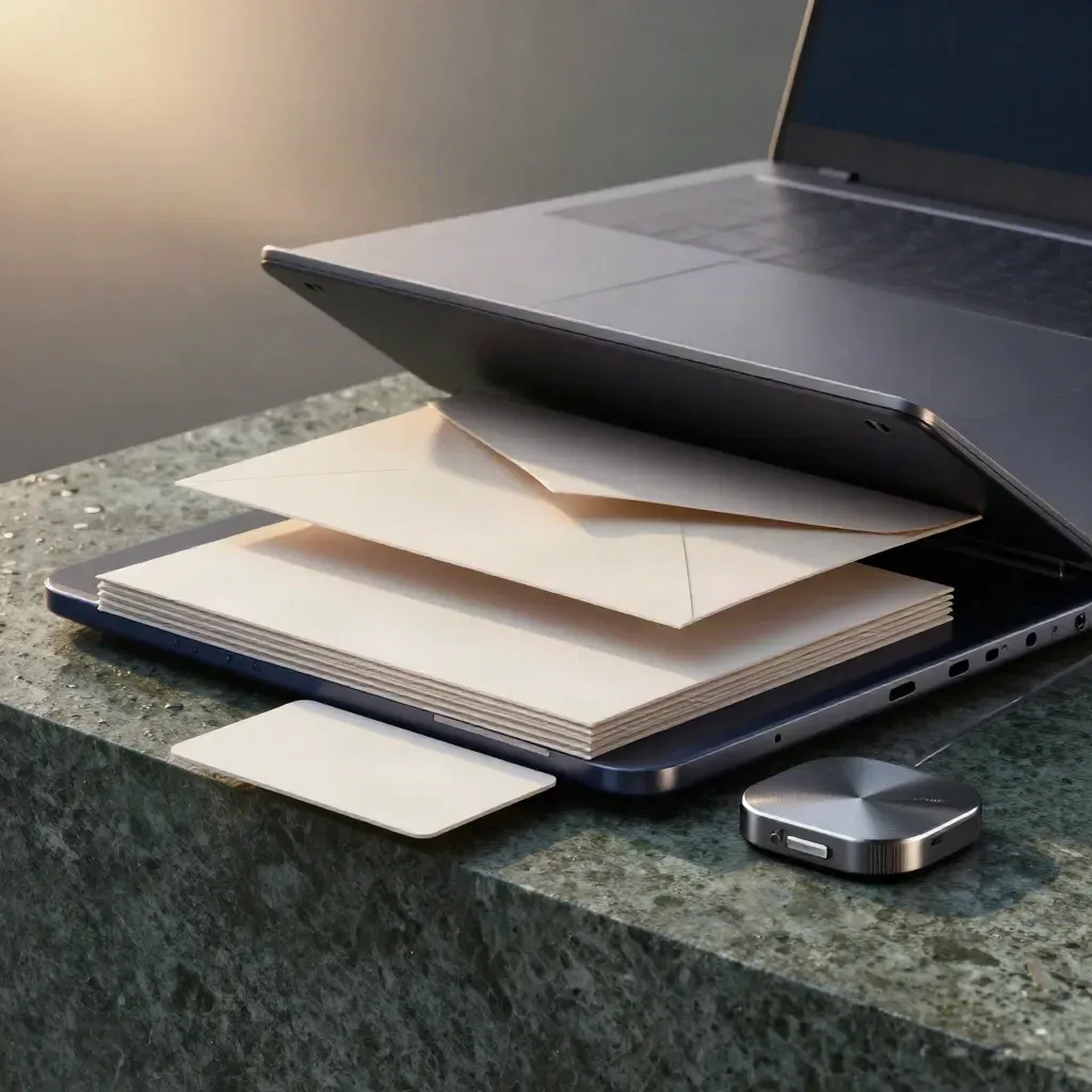 Macro hero of an email marketing kit with laptop, tablet, cards, envelope stack and analytics puck.