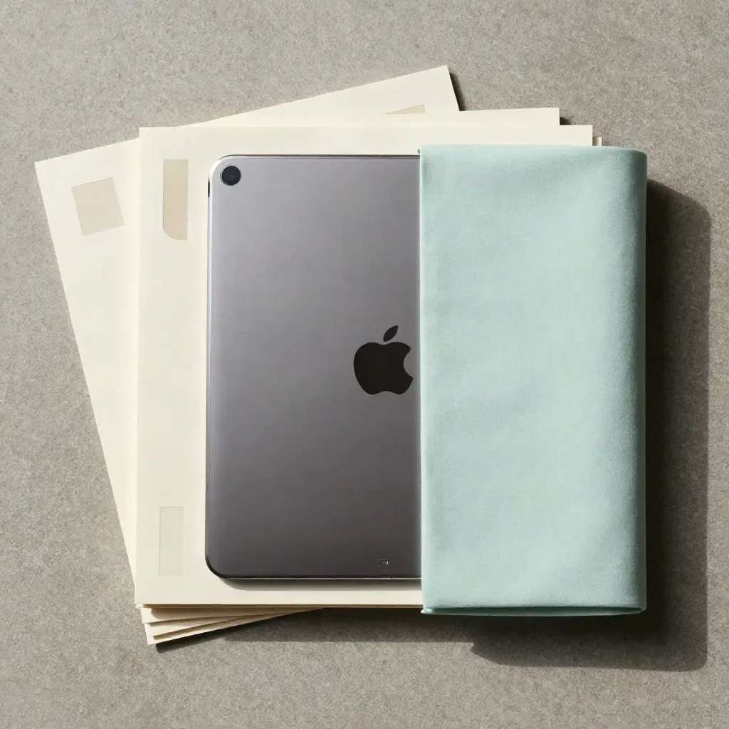 Overhead flatlay of a tablet, paper template sheets, and a soft mint fabric wrap on concrete.