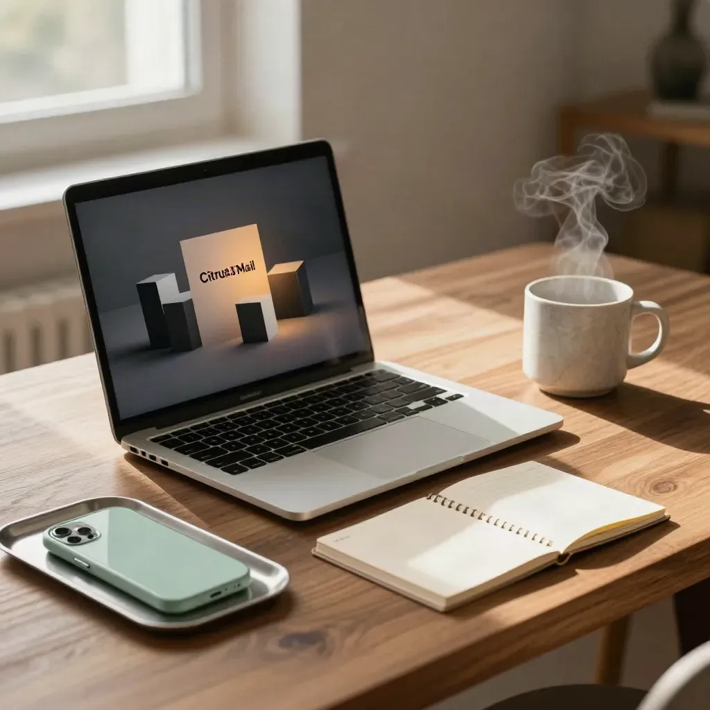 Open laptop, planner block, mug and mint phone dock on a warm walnut desk.