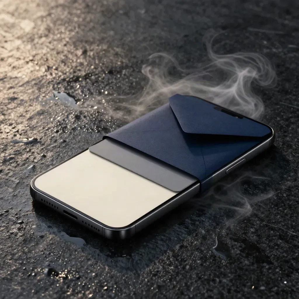Phone, card tray, and navy envelope sleeve sliding across wet stone with steam