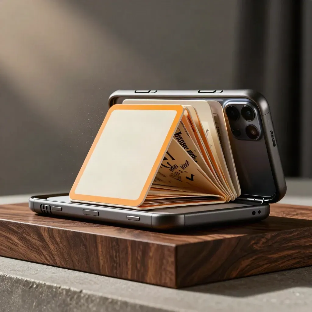 Open black Friday flow kit with cards and phone slab on dark walnut, low dramatic studio light.