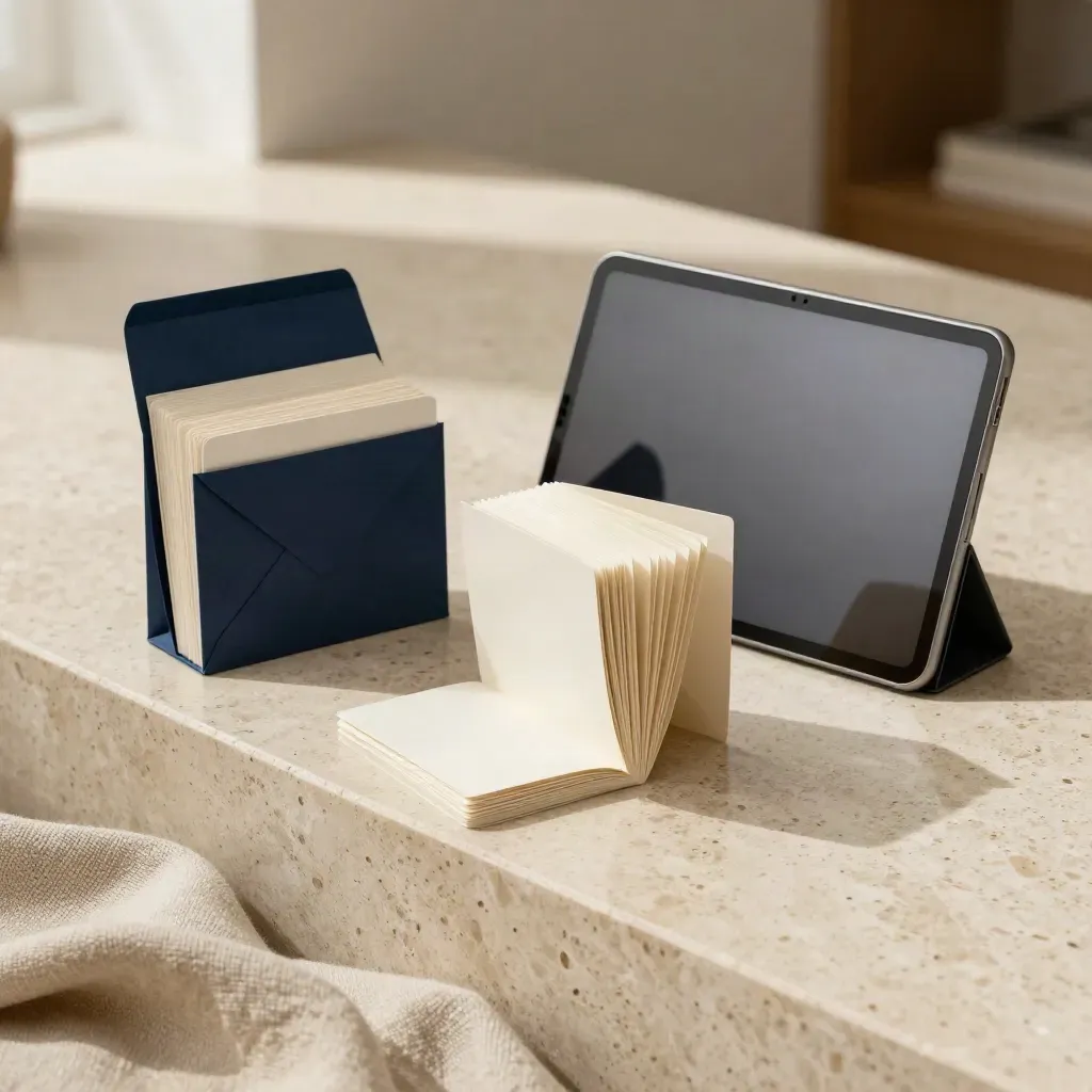 Welcome series email marketing pack with tablet, folded cards and envelope rack on travertine.
