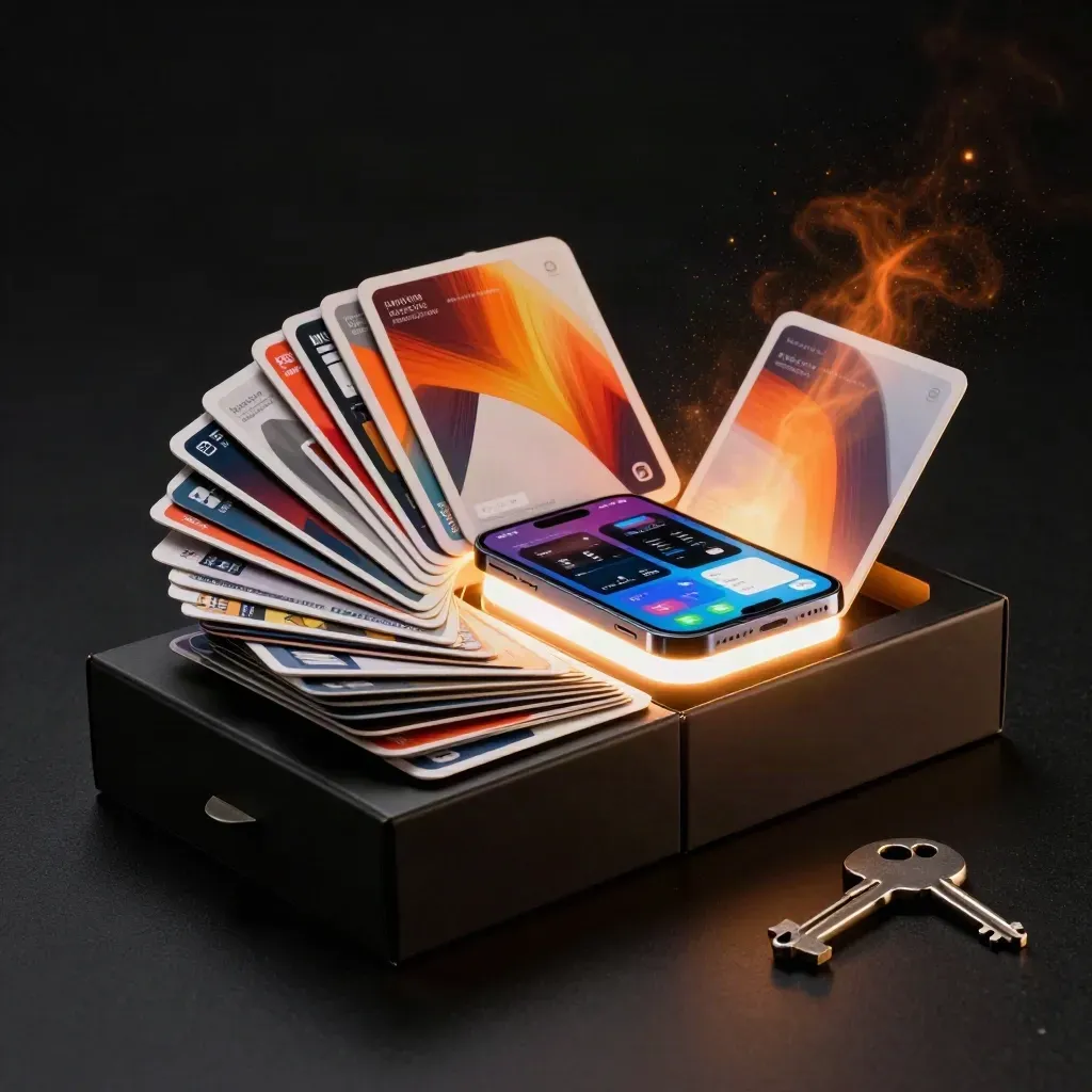 Open bundle boxes with glowing phone and orange insert cards on a dark studio surface.