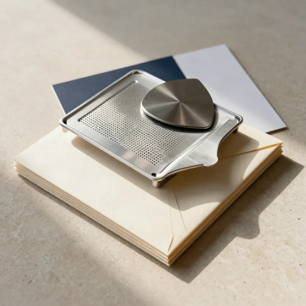 Overhead flat lay of envelope stack, filter tray and metal shield disc on pale stone