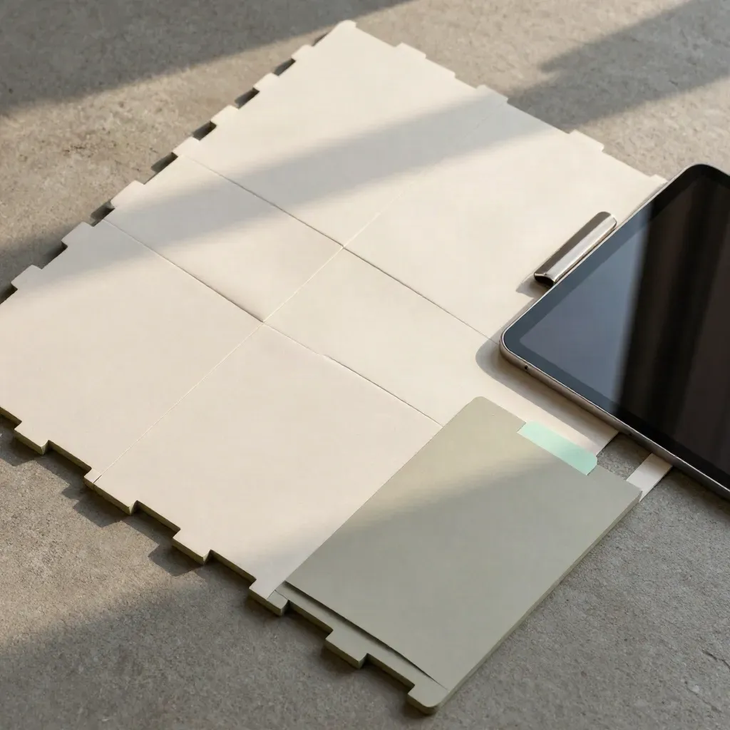 Overhead flatlay of blank template panels, tablet and metal clip on concrete.