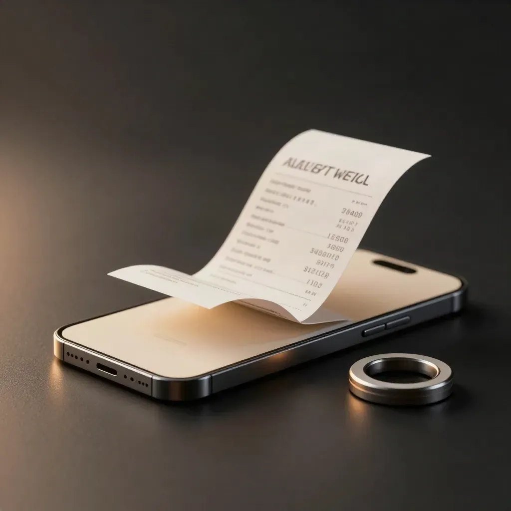 Phone, card stack and cart ring pulling apart on a dark studio surface.