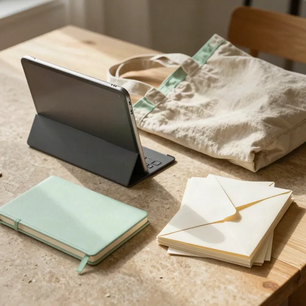 Creator launch pack with tablet, linen tote, notebook and envelopes on a warm studio surface