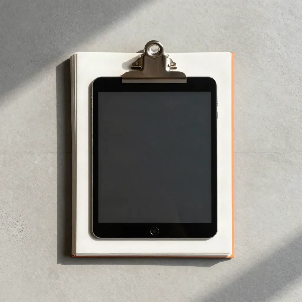 Top-down reports pack flatlay with tablet, bound pages and metal clip on concrete.