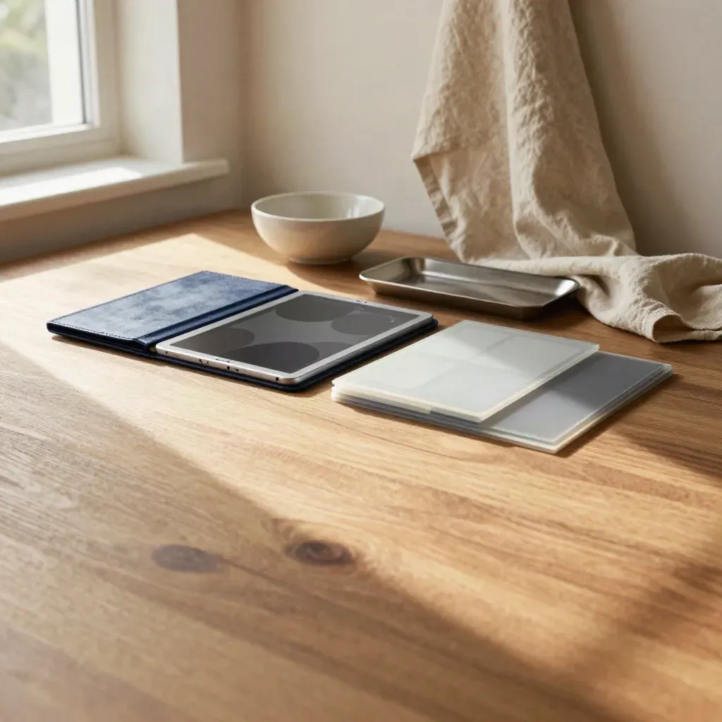 Sunlit oak tabletop with tablet, template tiles, linen drape and ceramic bowl under plaster wall.