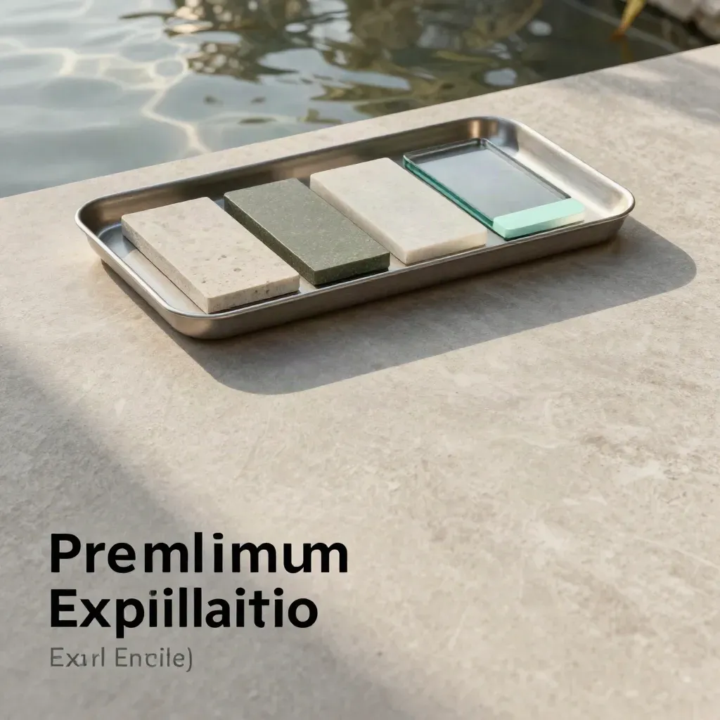 Pale stone surface with metal tray and abstract workflow blocks, mint reflections and soft ripples.
