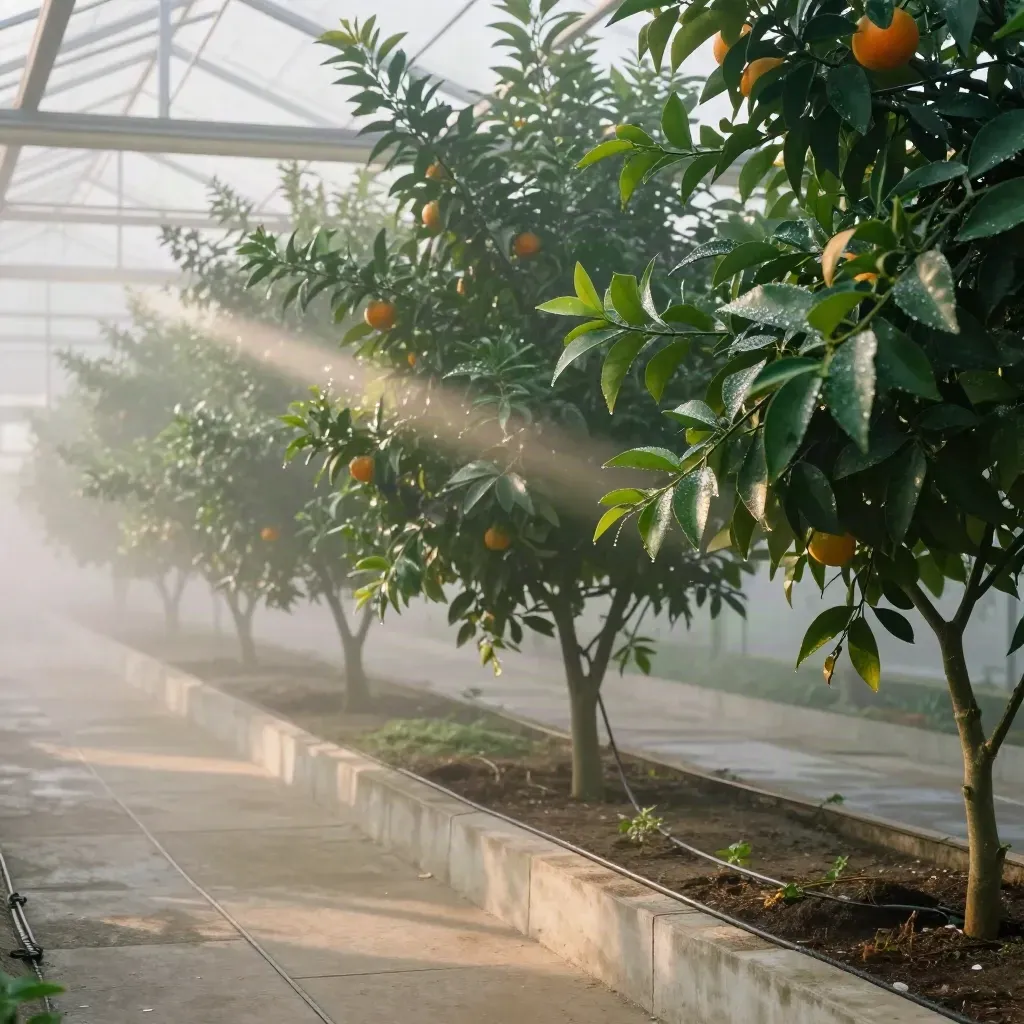 Misty greenhouse rows of citrus-green leaves over pale concrete paths in soft morning light.