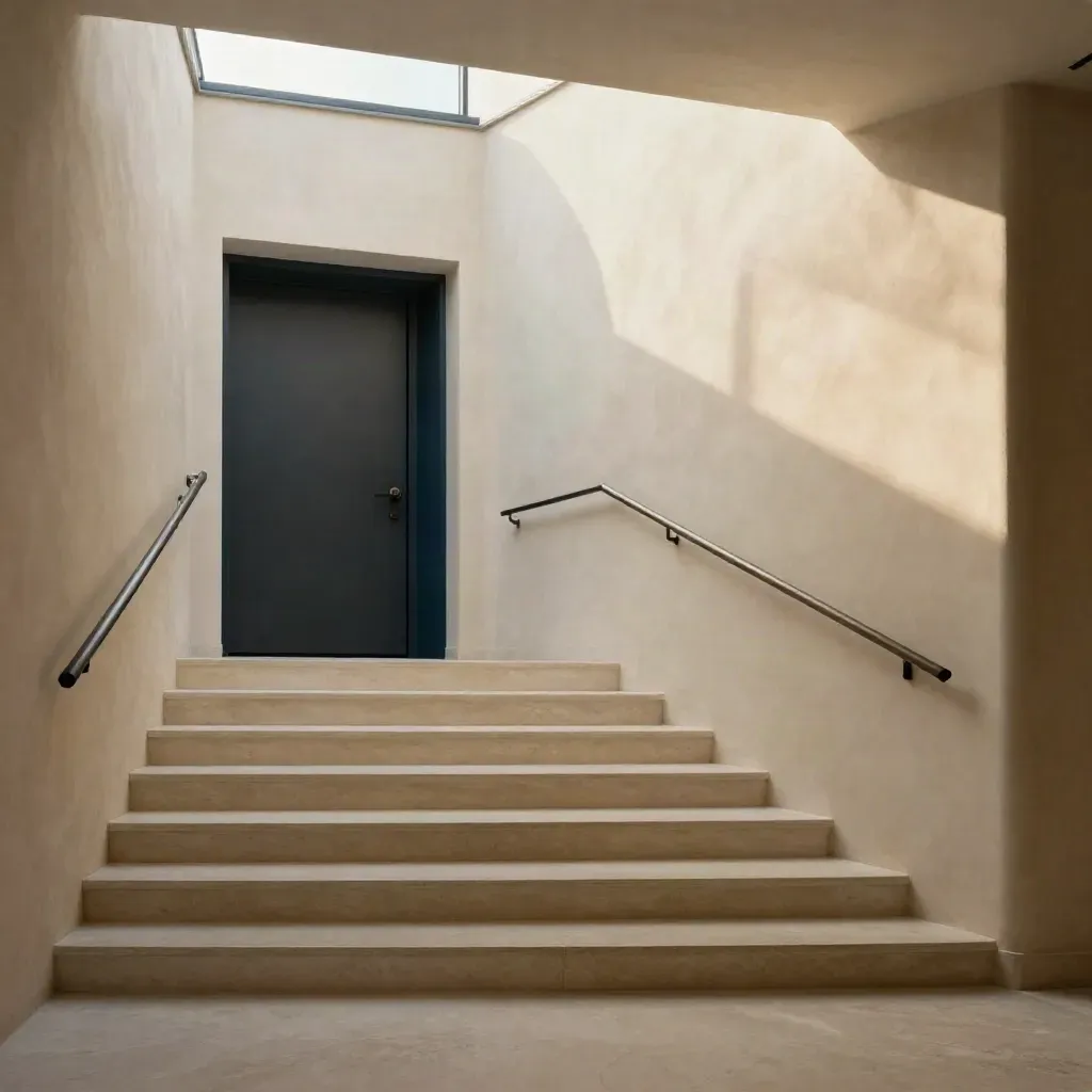Curved cream stair landing with skylight beam, dark doorway, and calm floor space